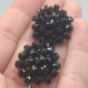 Vintage Dalsheim Earrings Black Glass Beaded Signed Clip Ons
